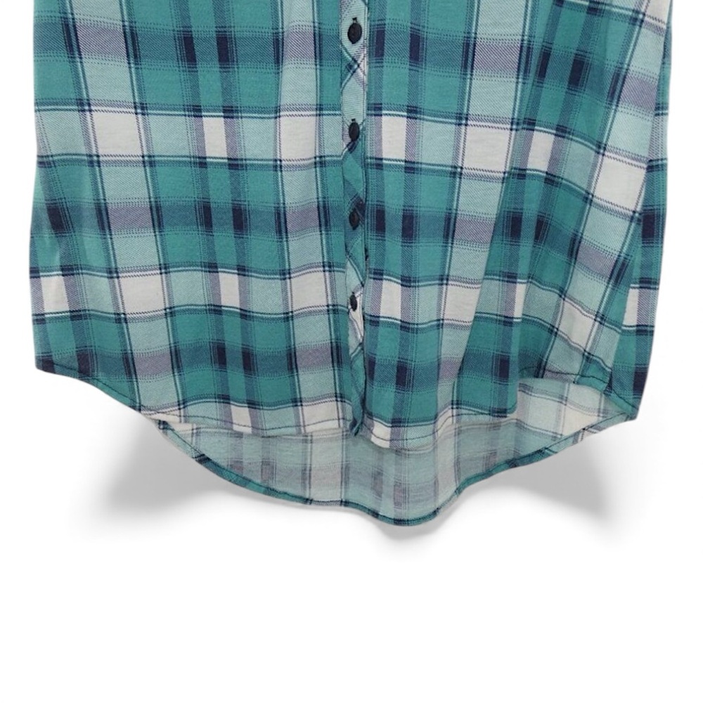 Passport Teal Plaid Sleeveless Button Up Collared Shirt Western Coastal Medium - Picture 5 of 6
